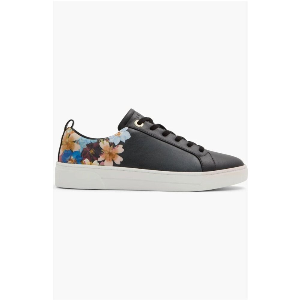 Ted Baker Size 8 Allison Sneaker Black Leather with Floral Design